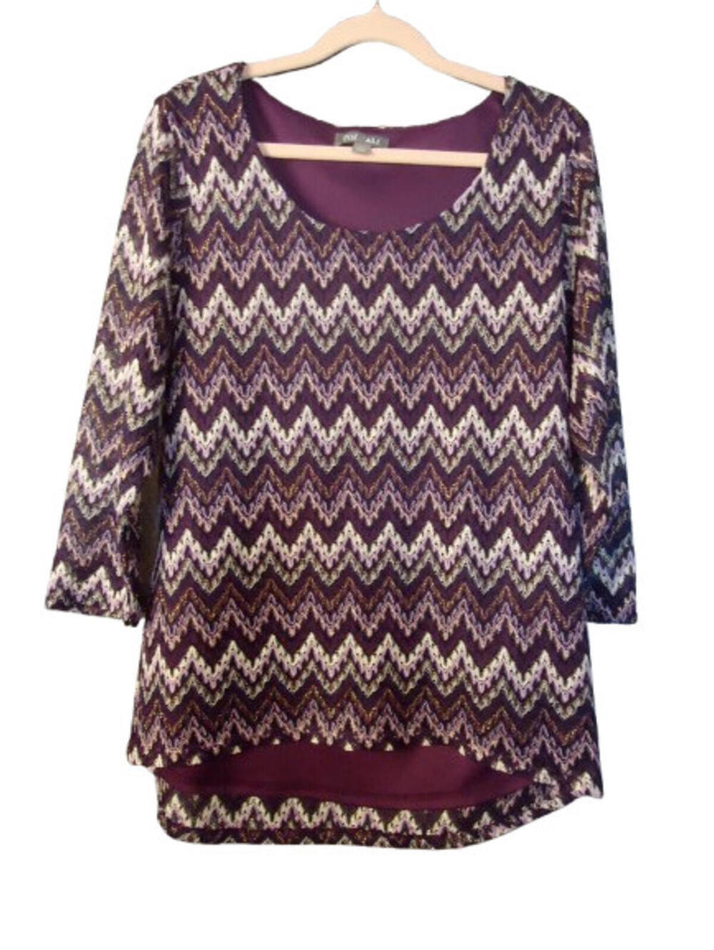Roz & Ali Purple Chevron Gold Metallic Blouse Womens Large 3/4 Sleeve Pullover